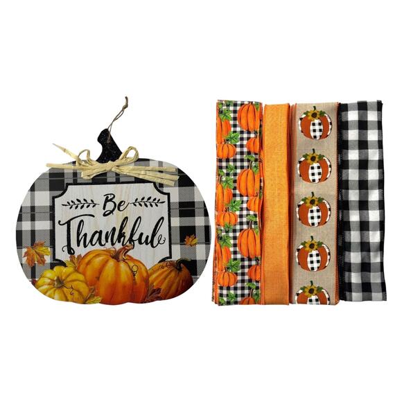 Be Thankful Pumpkin Wreath Kit - DIY Fall Decor Pumpkin Sign and Ribbon Bundle - Picture 1 of 5